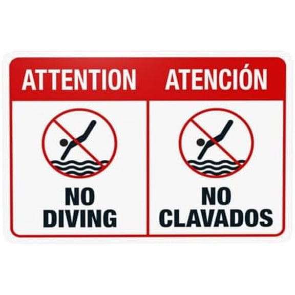 No Diving Pool Sign, Bilingual English Spanish Warning Sign, Pool Rules Security Metal Signs for Home Business Outdoor Indoor Garage Street Wall Safety Caution Custom Decor 12 x 8 Inch
