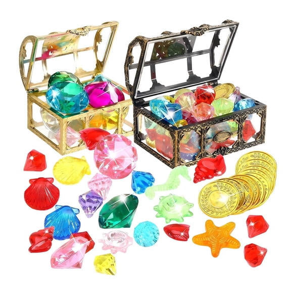 Diving Pool Toys, Pool Toys for Student, Plastic Gems Pirate Coins, 5X3 In, Pool Game, Summer Outdoor, Mixed Shapes, 2 Pc Chest 68 Piece Set