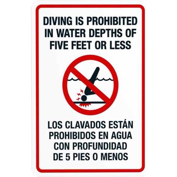 Diving Is Prohibited In Water Depths Of Five Feet Or Less Pool Warning Sign, Security Safety Metal Signs, Vintage Caution Poster Wall Decor for Business Home Street Road Use 8 x 12 Inch