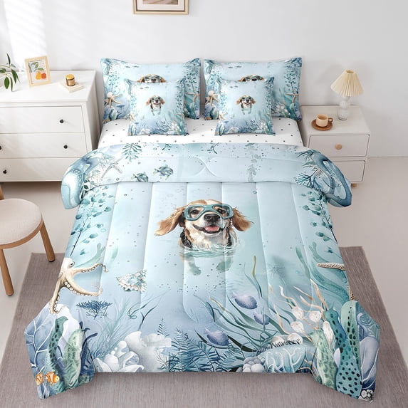 Diving Puppy Bed in a Bag King Size Comforter Set 7 Pieces,Teal Blue Ocean Beach Coastal Bedding Set Starfish Octopus Sheet Set,Underwater Creature Coral Bed Set,Kawaii Fish Room Decor