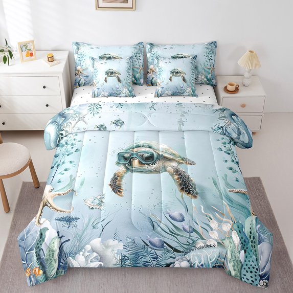 Diving Sea Turtle Comforter Set 7 Piece Bed in a Bag Twin,Teal Blue Ocean Beach Coastal Bedding Set Starfish Octopus Sheet Set,Underwater Creature Coral Bed Set,Kawaii Fish Room Decor