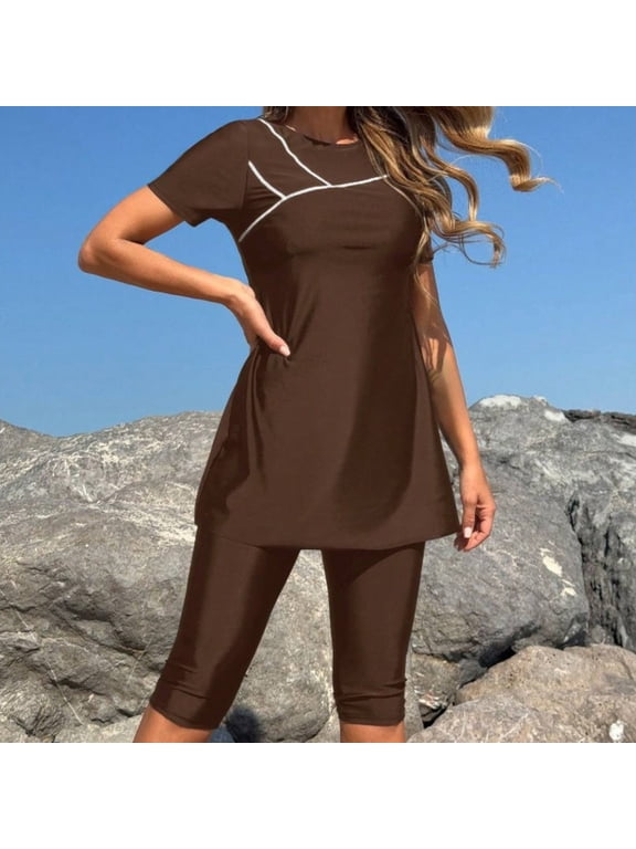 Diving Suits Womens Modest Long-Sleeve Swimsuit Tunic Top with Capris Pants, 2-Piece Surfing Swimwear Brown S