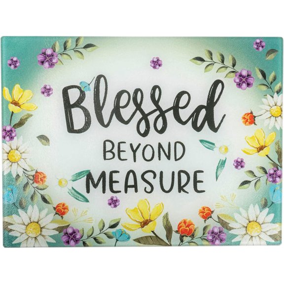 Divinity "Blessed Beyond Measure" Glass Cutting Board - Large (15.6" x 11.75") - Heat Resistant Scripture & Floral Design - Kitchen Decor & Housewarming Gift