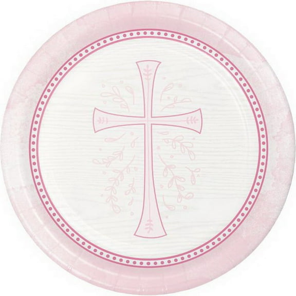 Divinity Pink Cross 8 Ct 9" Lunch Plates Baptism Confirmation Communion Christening