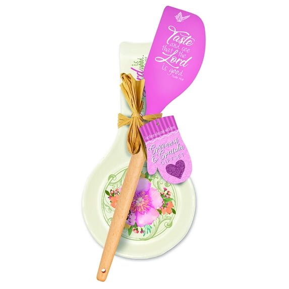 Divinity Taste and See Floral Pink 12 x 3 Glossy Ceramic Spatula and Spoon Rest Gift Set
