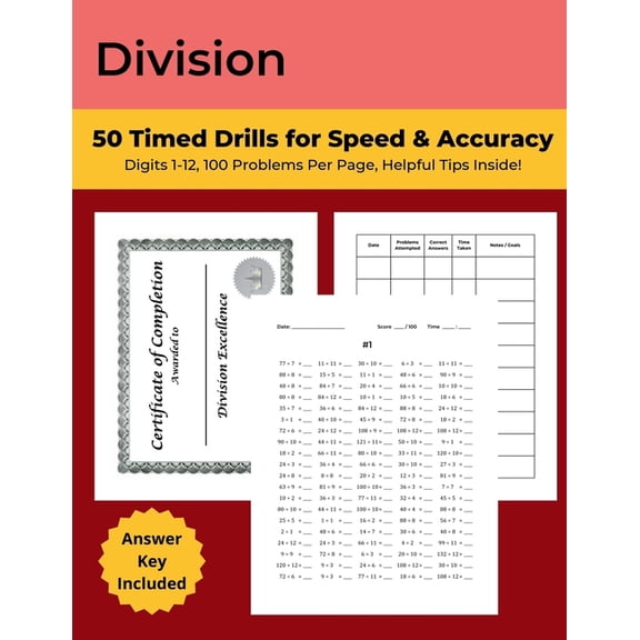 Math Workbooks: Timed Tests Division: 50 Timed Drills for Speed & Accuracy: Math Drills, Digits 1-12, Ages 7-11, Grades 3-5, 100 Problems Per Pa, Book 2, (Paperback)