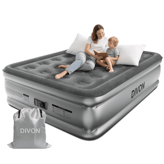 Divon Full Air Mattress with Built-In Pump, 18-Inch Elevated Inflatable Air Bed, Quick Inflation and Deflation, Portable Blow-Up Bed for Guests, Home and Travel, Gray