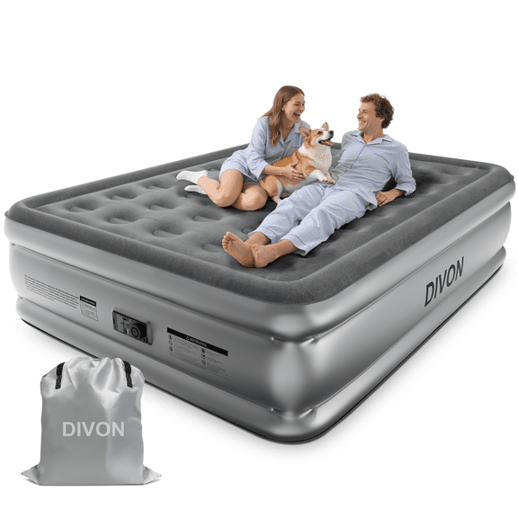 Divon Queen Air Mattress with Built-In Pump, 18-Inch Elevated Inflatable Air Bed, Quick Inflation and Deflation, Portable Blow-Up Bed for Guests, Home and Travel, Gray