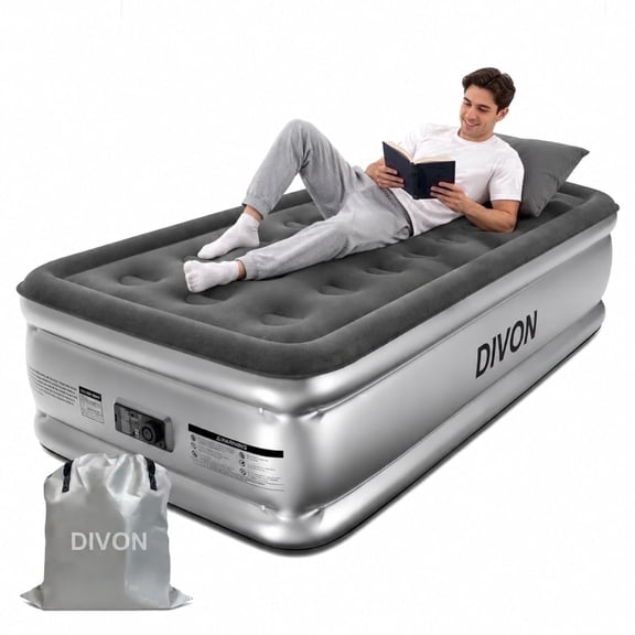 Divon Twin Air Mattress with Built-In Pump, 18-Inch Elevated Inflatable Air Bed, Quick Inflation and Deflation, Portable Blow-Up Bed for Guests, Home and Travel, Gray