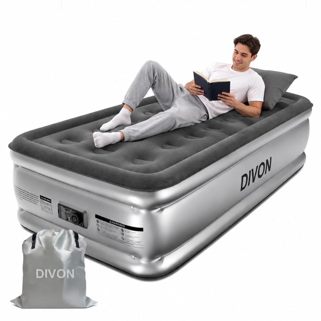 Divon Twin Air Mattress with Built-In Pump, 18-inch Elevated Inflatable Airbed, Portable Blow Up Bed for Guests, Game Night Sleepovers, Gray