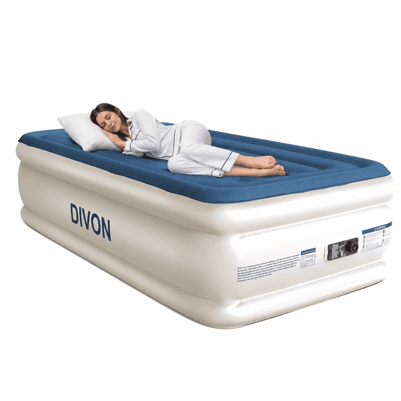 Divon Twin Air Mattress with Built-In Pump, 18-Inch Elevated Inflatable Air Bed, Quick Inflation and Deflation, Portable Blow-Up Bed for Guests, Home and Travel, Blue
