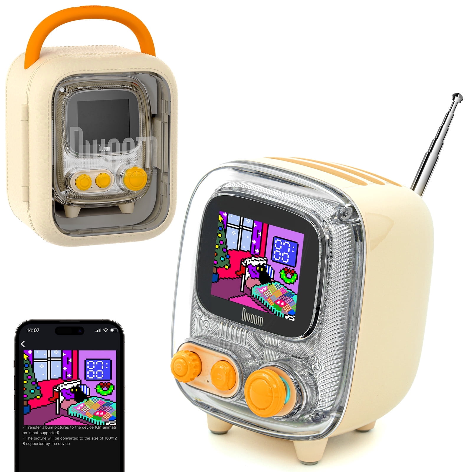 Divoom Tiivoo-2 FM Radio Bluetooth Speaker with Alarm Clock,Pixel Art Retro Mini Small Cute Wireless Speaker,Vintage Decor Suitble for Party Office Home Desk Bedroom Kitchen Outdoor,Cream