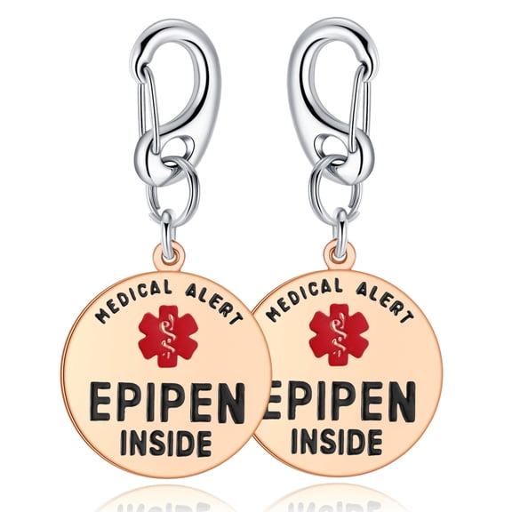 Divoti 1.25" Dual-Sided Stainless Steel Medical Alert Bag Tag - EPIPEN INSIDE / PVD Rose Gold - Quick Clip