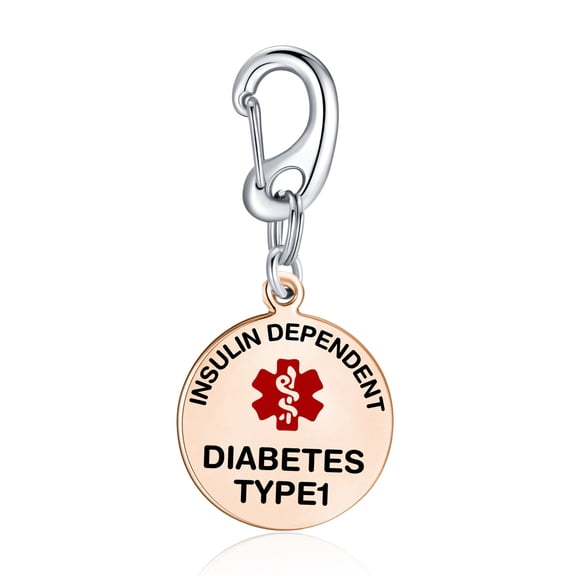 Divoti 1.25" Dual-Sided Stainless Steel Medical Alert Bag Tag -T1D INSULIN-DEPENDENT / PVD Rose Gold - Quick Clip