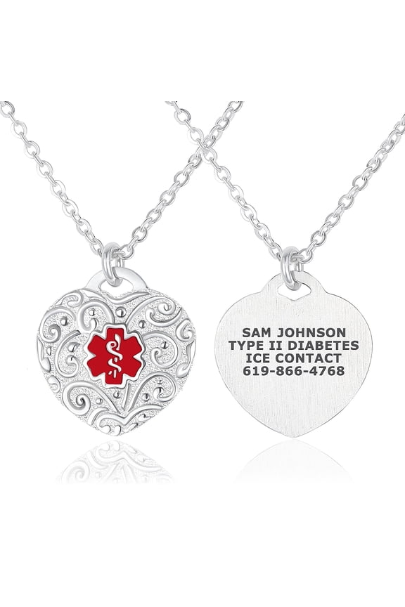 Custom Engraved Filigree Heart Medical Alert ID Necklace – Lobster Claw Clasp w/ 28" Cable Chain, Durable&Stainless Steel, Personalized Emergency Gift for Wife, Mom, & Daughter — SS/RE
