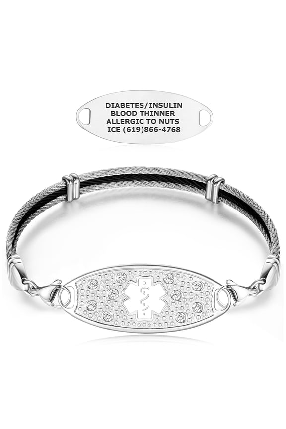 Custom Engraved Signature Cable Medical Alert ID Bracelets for Women,w/Trio Black Cable Chain  White/8.0"