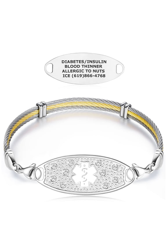Custom Engraved Signature Cable Medical Alert ID Bracelets for Women,w/Trio Gold Cable Chain  White/7.0"