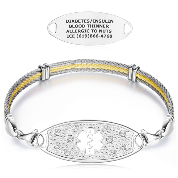Divoti Custom Engraved Signature Cable Medical Alert ID Bracelets for Women,w/Trio Gold Cable Chain White/8.0"