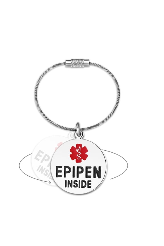 EpiPen Inside Bag Tag 1" - with Cable Loop | Pre-Engraved Stainless Steel Dual-Sided | Bold Lettering