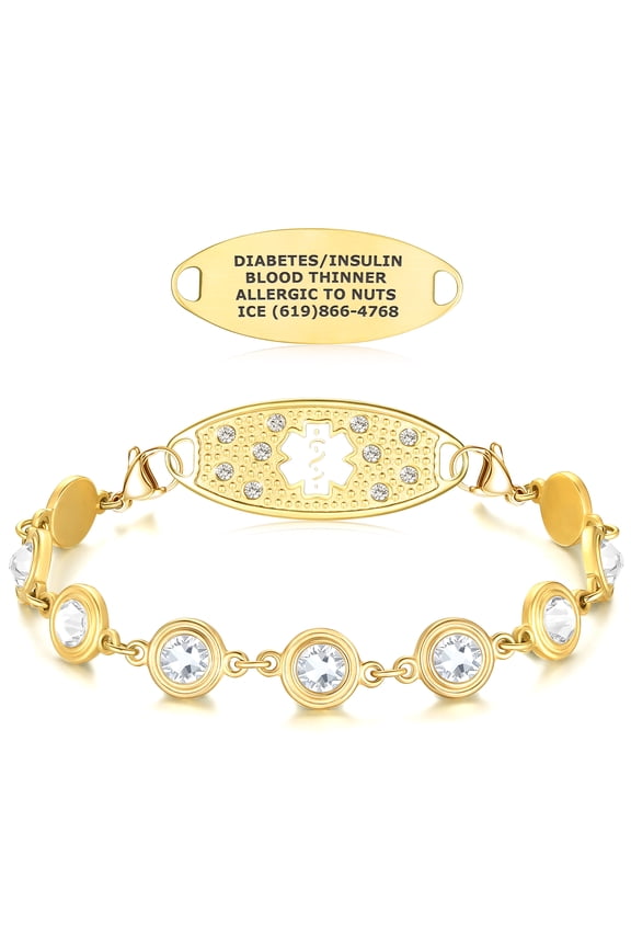 Medical Alert Bracelets for Women, Custom Engraved Brilliance Medical ID Bracelet  PVD Gold/White / 6.25"
