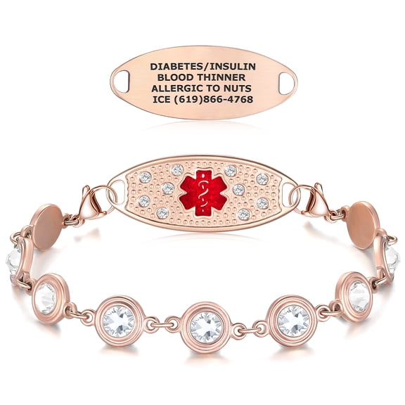 Divoti Medical Alert Bracelets for Women, Custom Engraved Brilliance Medical ID Bracelet PVD Rose Gold/TP Red / 8.5"