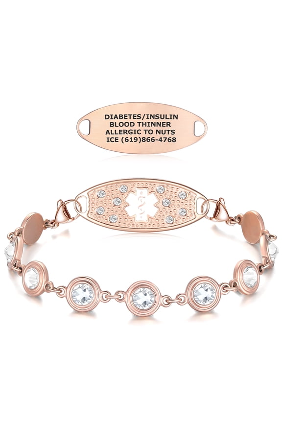 Medical Alert Bracelets for Women, Custom Engraved Brilliance Medical ID Bracelet  PVD Rose Gold/White / 7.75"