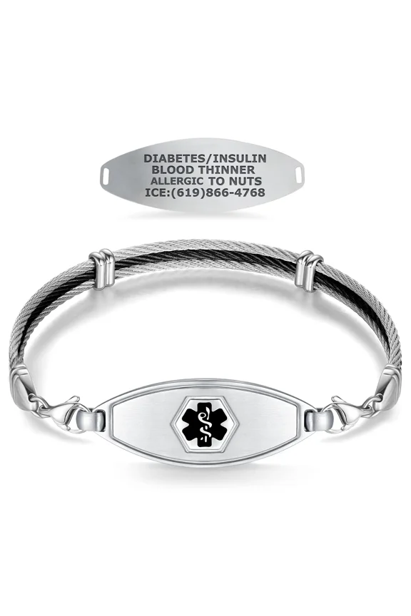 Medical Alert Bracelets for Women, Custom Engraved Matte Steel Medical ID Bracelet,w/Trio Black Cable Chain  Black/7.5"
