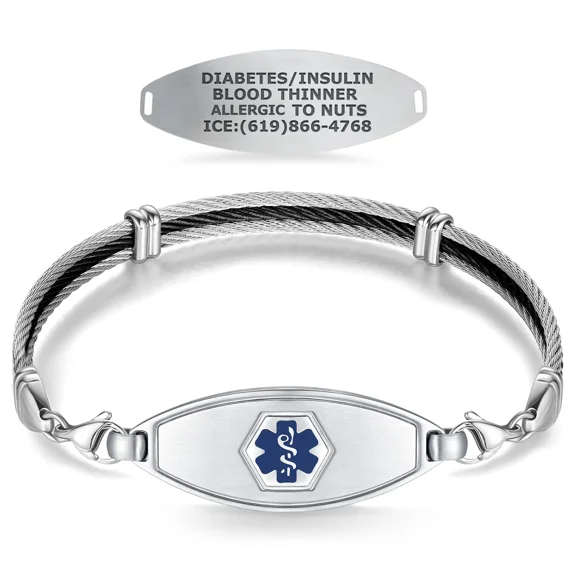 Divoti Medical Alert Bracelets for Women, Custom Engraved Matte Steel Medical ID Bracelet,w/Trio Black Cable Chain  Deep Blue/6.5"