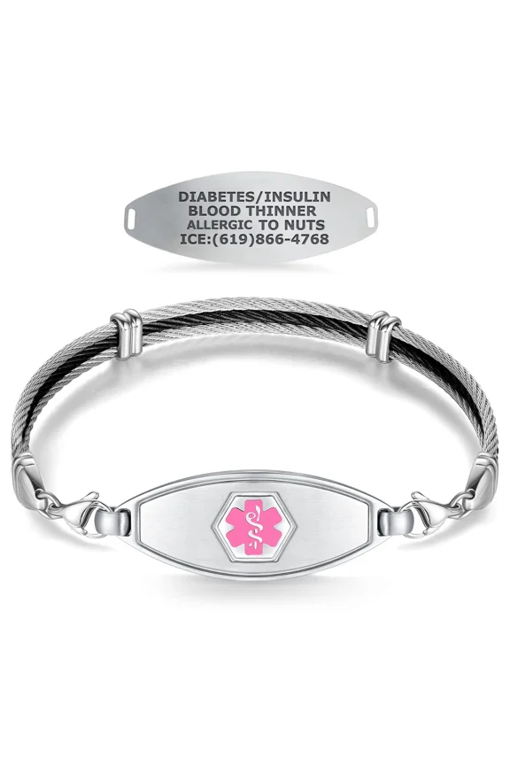 Medical Alert Bracelets for Women, Custom Engraved Matte Steel Medical ID Bracelet,w/Trio Black Cable Chain  Pink/8"
