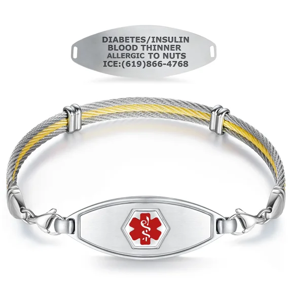 Divoti Medical Alert Bracelets for Women, Custom Engraved Matte Steel Medical ID Bracelet,w/Trio Gold Cable Chain Red/8"