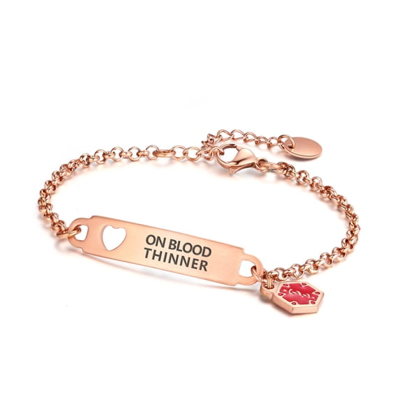 Divoti Medical Alert Bracelets for Women, Pre-Engraved Simple Rolo Chain Medical ID Bracelet — PVD Rose Gold - ON Blood THINNER