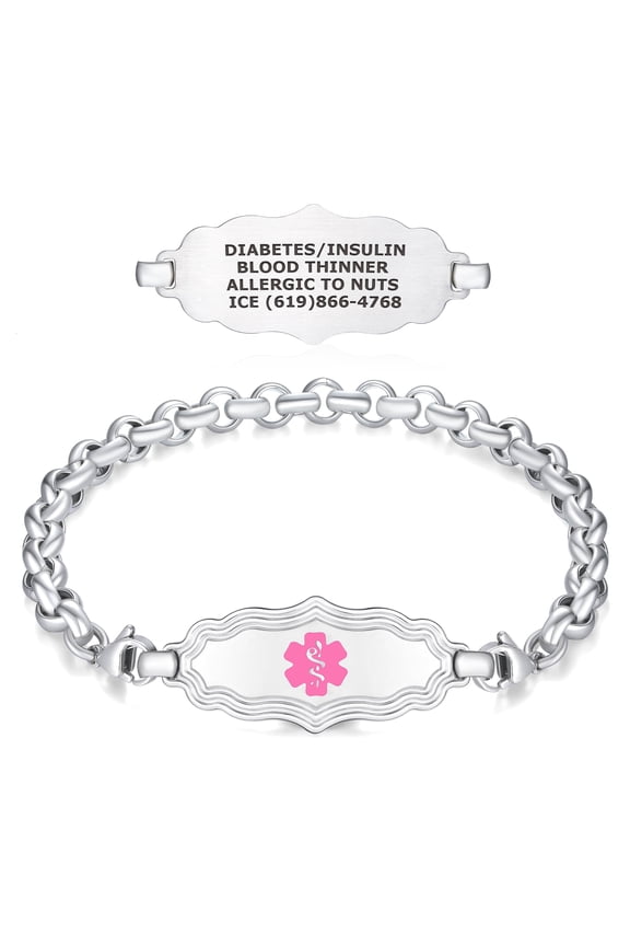 Medical Alert ID Bracelets for Women, Custom Engraved Stainless Steel ID Victorian Art Deco Design w/Rolo Chain, Stylish & Comfortable Personalized Emergency Alert Jewelry  Pink/6.0"