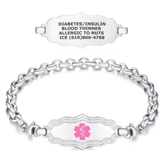 Divoti Medical Alert ID Bracelets for Women, Custom Engraved Stainless Steel ID Victorian Art Deco Design w/Rolo Chain, Stylish & Comfortable Personalized Emergency Alert Jewelry Pink/8.0"