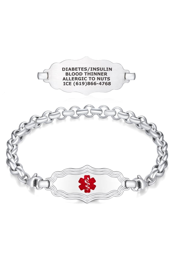 Medical Alert ID Bracelets for Women, Custom Engraved Stainless Steel ID Victorian Art Deco Design w/Rolo Chain, Stylish & Comfortable Personalized Emergency Alert Jewelry  TP Red/8.0"