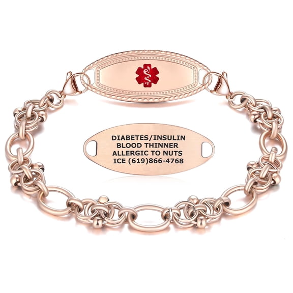 Divoti Medical Premier Alert ID Bracelets for Women | Custom Engraved Medical ID Bracelet | Hypoallergenic 304L Material, Hand-Woven Metal Chain Jewelry — TP Red/8.0"