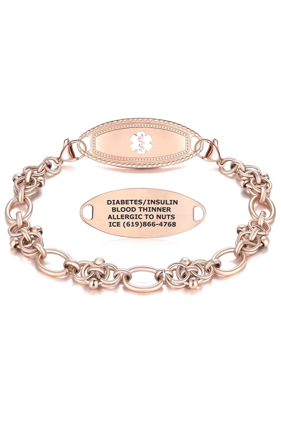 Medical Premier Alert ID Bracelets for Women | Custom Engraved Medical ID Bracelet | Hypoallergenic 304L Material, Hand-Woven Metal Chain Jewelry  White/7.25"