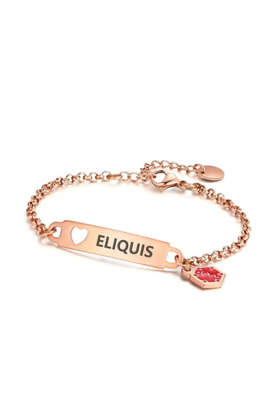 Pre-Engraved Simple Rolo Chain Medical Alert id Bracelet for Women - PVD Rose Gold - ELIQUIS
