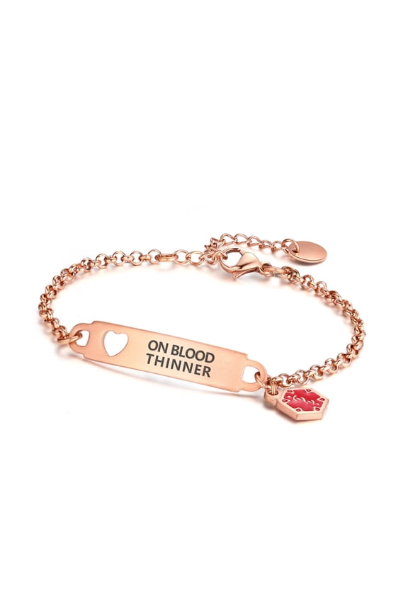 Pre-Engraved Simple Rolo Chain Medical Alert id Bracelet for Women - PVD Rose Gold - ON BLOOD THINNER