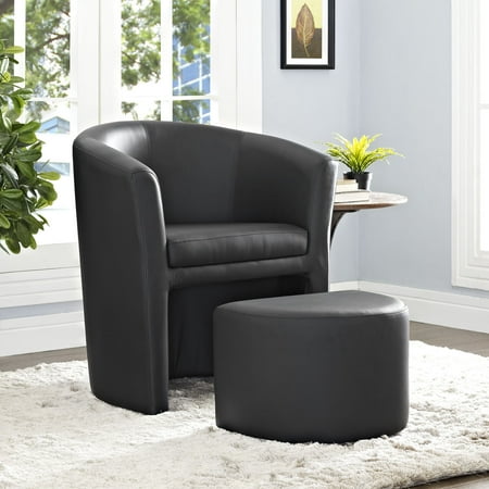 Modway Divulge Modern Faux Leather Armchair and Ottoman in Black