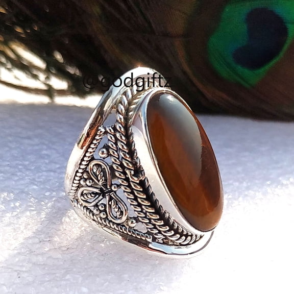 Inisha Creation Big Oval Cut Ring for Women | Natural Tiger Eye Beautiful 925 Sterling Silver Designer Band Ring | Anniversary Wedding Ring | Gift for Her