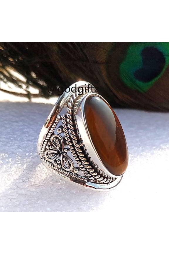 Big Oval Cut Ring for Women | Natural Tiger Eye Beautiful 925 Sterling Silver Designer Band Ring | Anniversary Wedding Ring | Gift for Her