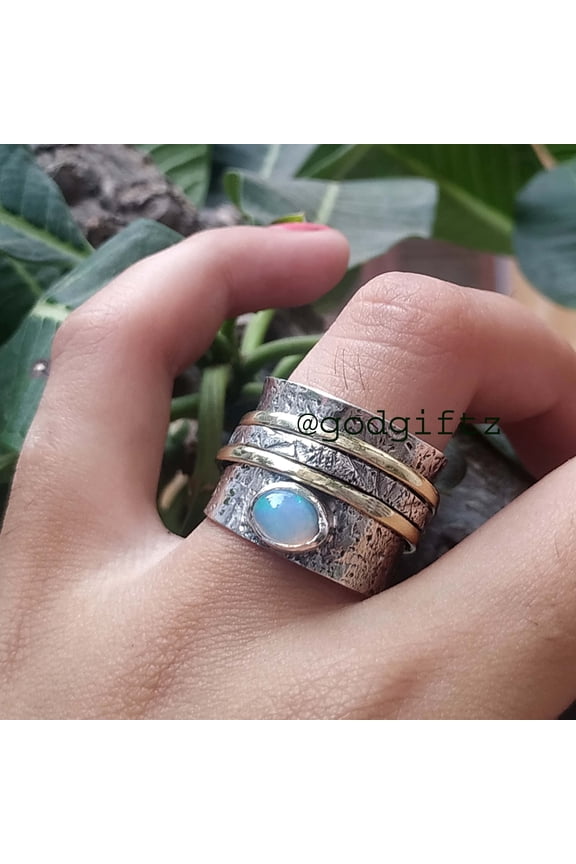 Divya Shakti Ethiopian Opal Gemstone Ring - Texture Spinning Jewelry - 925 Sterling Silver Spinner Ring - Three Band Spinning Ring - Handmade Gift
