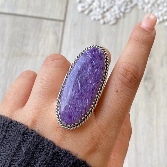 Divya Shakti Handcrafted Charoite Gemstone Ring, Statement Ring. made In 925 Sterling Silver. Boho Ring, Stone Ring, Boho Jewelry, Gift For Her,.....