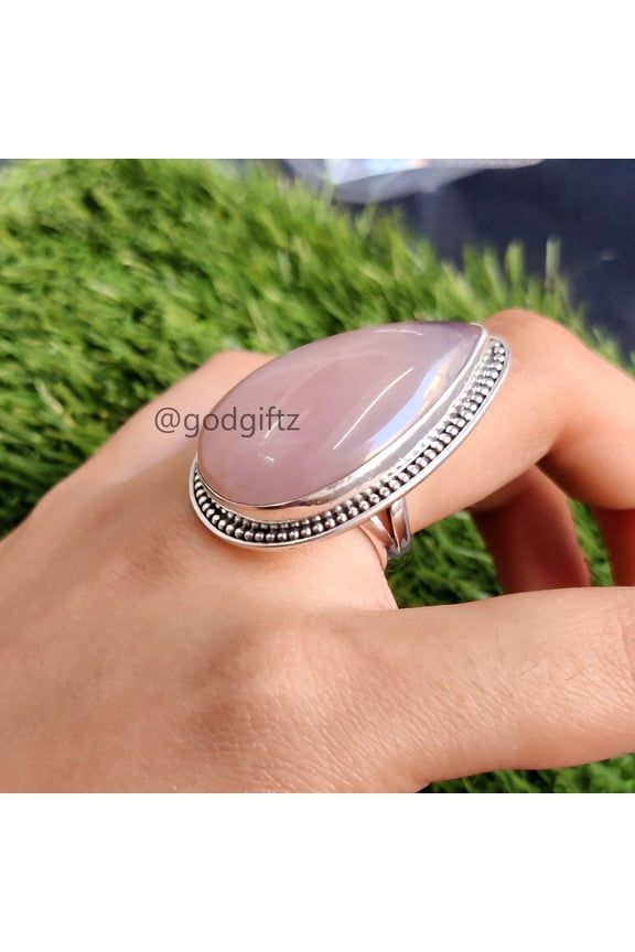 Handmade Pear Cut Rose Quartz Ring: 925 Sterling Silver Stacking Ring