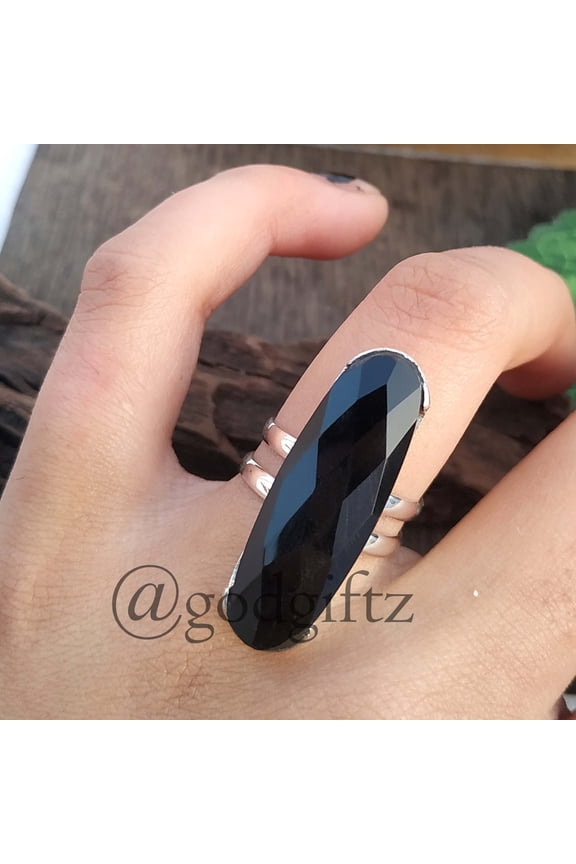 Handmade Sterling Silver Black Onyx Ring: Oval Rose Cut Gemstone