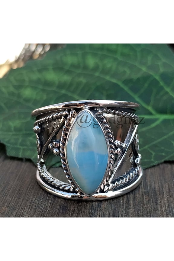 Larimar Marquise Cabochon Ring: Sterling Silver Boho Cocktail Ring
