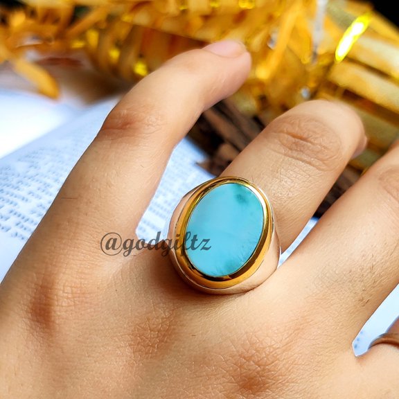 Inisha Creation Larimar Men's Ring: 925 Sterling Silver Statement Jewelry