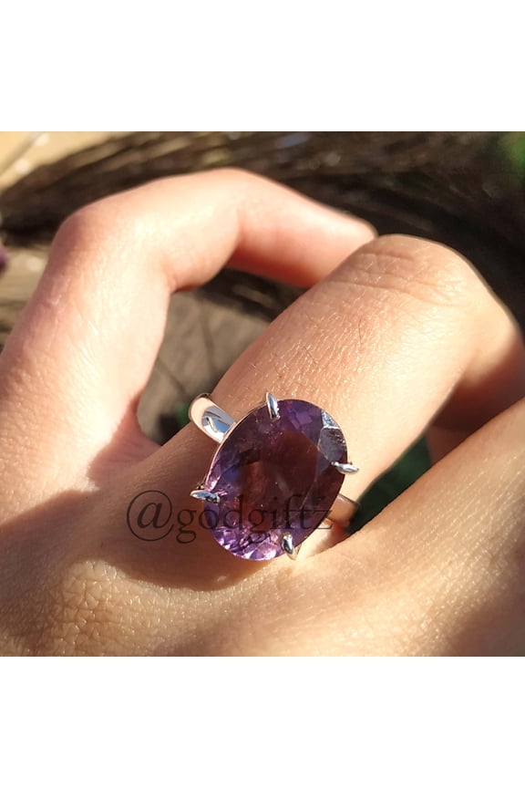 Divya Shakti Natural Amethyst Ring, 925 Sterling Silver Handmade Ring, 7gm Solitaire Ring, Prong Setting Engagement Ring, Oval Unisex Sex Ring Jewelry