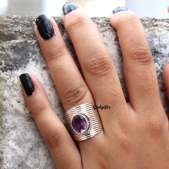 Divya Shakti Oval Amethyst Ring: Handmade 925 Sterling Silver Statement Ring
