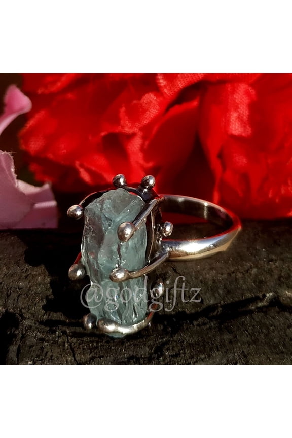 Raw Aquamarine Ring, Sterling Silver Jewelry, Natural Aquamarine Ring, Antique Ring, Rough Stone Ring, Statement Ring, Rough Jewelry